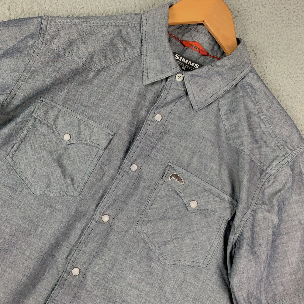 SIMMS No-Tellum Shirt Men's Medium Gray Short Sleeve Pearl Snap Fishing Western